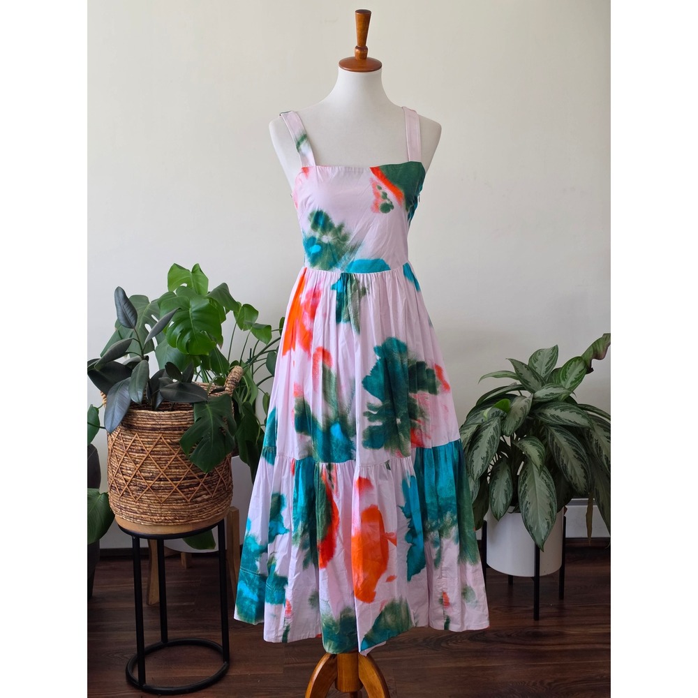 Tanya Taylor Pink Abstract Tie Dye Smocked Tiered Midi Dress Womens 2 - Picture 2 of 16
